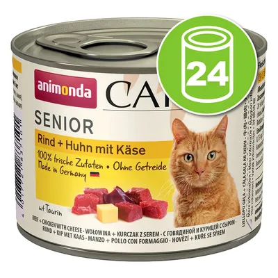animonda Senior Rind + Huhn mit Käse, 100% frische Zutaten, Ohne Getreide, Made in Germany, lot de 24 boîtes, image d’un chat et morceaux de viande avec fromage visibles sur l’étiquette. animonda Senior Rind + Huhn mit Käse, 100% frische Zutaten, Ohne Getreide, Made in Germany, lot de 24 boîtes, image d’un chat et morceaux de viande avec fromage visibles sur l’étiquette.