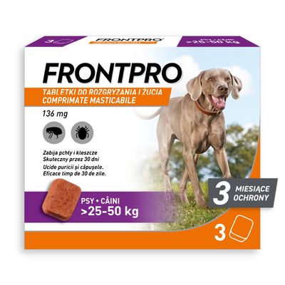 FRONTPRO® tabletki na pchły i kleszcze dla psów XL: 136 mg dla psów >25 do 50 kg (3 tabletki)