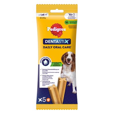 Pedigree Dentastix Daily Oral Care, 5 stuks, vermindert tandplak tot 80%, reinigt moeilijk bereikbare tanden, ondersteunt de tandgezondheid, met natuurlijke ingrediënten.