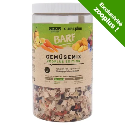 GRAU x zooplus BARF GEMÜSEMIX Zooplus Edition, exclusivité zooplus, valeur nutritive de 10 g équivaut à 80–100 g de légumes frais, proportions : viande 70–80 %, glucides 20–30 %