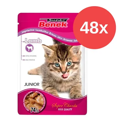 Super Benek Junior karma dla kotów z jagnięciną, 74% mięsa, dodatkowe witaminy, wysokobiałkowa. Opakowanie 48 sztuk.