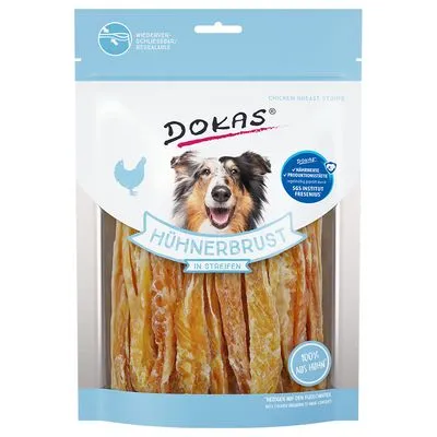 Dokas Hühnerbrust in Streifen, verpakking met afbeelding van hond en zichtbare kipfiletreepjes. Tekst: 100% aus Hähnchen, wiederverschließbar, geprüft door SGS Institut Fresenius.