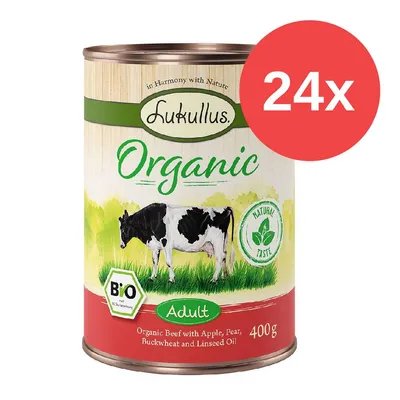 24x Lukullus Organic Adult, Bio-Rind mit Apfel, Birne, Buchweizen und Leinöl, 400g Dose. Zertifiziertes Bio-Produkt mit natürlichem Geschmack.