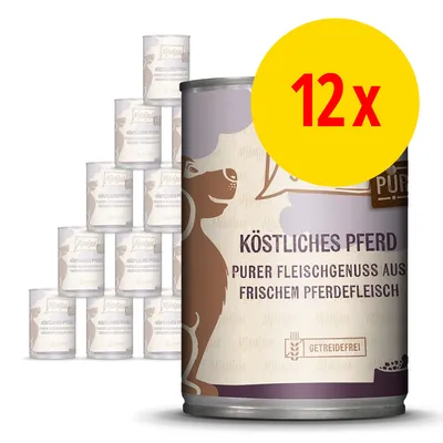 Lot de 12 boîtes de nourriture pour chien, texte visible en allemand : Köstliches Pferd, Purer Fleischgenuss aus frischem Pferdefleisch, sans céréales. Marque Mjamjam.