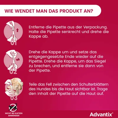 Anleitung zur Anwendung: Pipette auspacken, Kappe abdrehen, umdrehen und Siegel brechen, Fell zwischen Schulterblättern des Hundes scheiteln, Inhalt auf die Haut auftragen. Nicht bei Katzen anwenden.