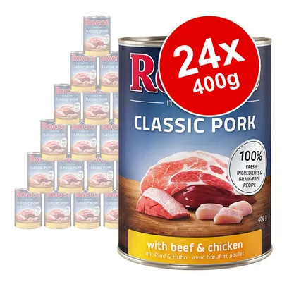 Rocco Classic Pork with beef & chicken, 24 x 400g tins. Label shows 100% fresh ingredients & grain-free recipe. Visible meat pieces on packaging. Large red badge: 24x 400g.
