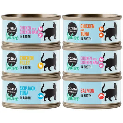 Zestaw 6 puszek Cosma Nature: Chicken with Chicken Ham, Chicken and Tuna, Chicken Fillet, Skipjack Tuna, Salmon in Broth. Widoczne nazwy smaków i logo Cosma Pure Love Nature.