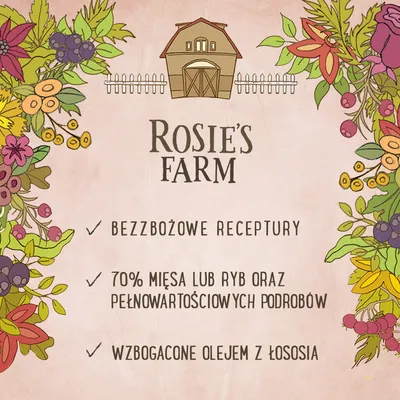 Rosie's Farm. Bezzbożowe receptury, 70% mięsa lub ryb oraz pełnowartościowych podrobów, wzbogacone olejem z łososia.