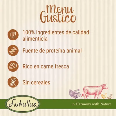 Menu Gustico: 100% ingredientes de calidad alimenticia, fuente de proteína animal, rico en carne fresca, sin cereales. Lukullus. Texto en inglés: in Harmony with Nature.