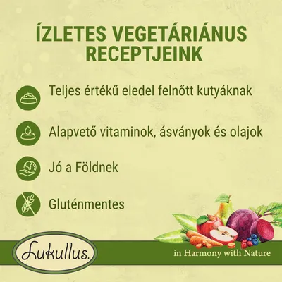Ízletes vegetáriánus receptjeink: teljes értékű eledel felnőtt kutyáknak, alapvető vitaminok, ásványok és olajok, jó a Földnek, gluténmentes. Lukullus.