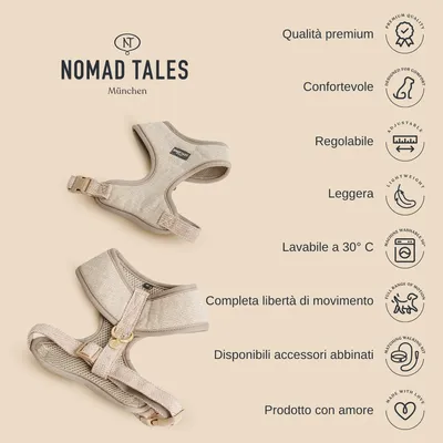Nomad Tales München. Qualità premium, confortevole, regolabile, leggera, lavabile a 30 °C, completa libertà di movimento, disponibili accessori abbinati, prodotto con amore.