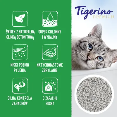 Tigerino Premium. Żwirek z naturalną glinką bentonitową, super chłonny i wydajny, niski poziom pylenia, natychmiastowe zbrylanie, silna kontrola zapachów, o zapachu sosny.