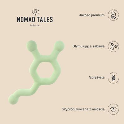Nomad Tales München. Jakość premium, stymulująca zabawa, sprężysta, wyprodukowana z miłością – tekst widoczny na grafice obok zielonej zabawki.