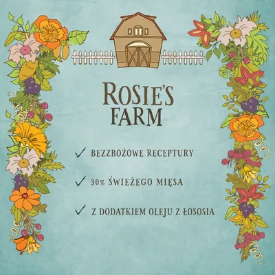 ROSIE'S FARM. Bezzbożowe receptury, 30% świeżego mięsa, z dodatkiem oleju z łososia.