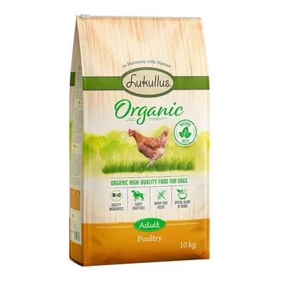 Sac Lukullus Organic Adult Poultry 10 kg, alimentation bio pour chiens adultes, texte en anglais : qualité, digestibilité, sans blé, mélange d’herbes, goût naturel.