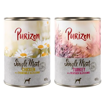 Purizon Single Meat Chicken met kamillebloesem 400 g en Purizon Single Meat Turkey met heidebloesem 400 g, elk met 13% vleesgehalte.