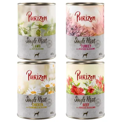 Purizon Single Meat nourriture humide pour chiens, variétés : agneau avec fleurs de houblon, dinde avec fleurs de bruyère, poulet avec fleurs de camomille, bœuf avec fleurs d’hibiscus, boîte de 400g.