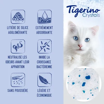 Tigerino Crystals. Litière de silice agglomérante, extrêmement absorbante, neutralise les odeurs avant leur apparition, inhibe la croissance bactérienne, sans poussière, légère et économique.