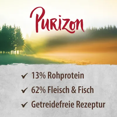 Purizon. 13% Rohprotein, 62% Fleisch & Fisch, getreidefreie Rezeptur.