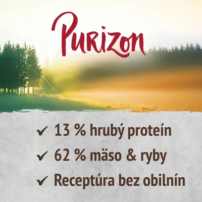 Purizon. 13 % hrubý proteín, 62 % mäso & ryby, receptúra bez obilnín.