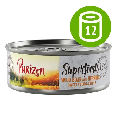 Purizon Superfoods Wild Boar with Herring, Sweet Potato & Apple, 12 x 13%. Widoczna puszka karmy z nazwą produktu i oznaczeniem zestawu 12 sztuk.