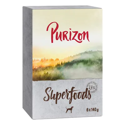 Purizon Superfoods, 6 x 140 g, s 13 % bílkovin. Obal zobrazuje lesní krajinu a symbol psa.