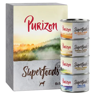 Purizon Superfoods mokra hrana za pse, 6x100g konzervi: divlja svinja s haringom, jelen s haringom, piletina s haringom, tuna s bakalarom.