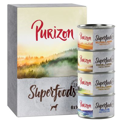 Purizon Superfoods 6 x 140 g míchané balení (2x kuřecí, 2x tuňák, 1x divočák, 1x zvěřina)