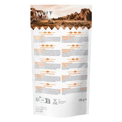 Wolf of Wilderness Training, carne fresca di pollo, confezione da 100 g. Testo multilingue sul retro della confezione con informazioni sugli ingredienti.