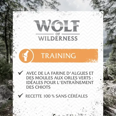 Wolf of Wilderness Training. Avec de la farine d'algues et des moules aux orles verts : idéales pour l'entraînement des chiots. Recette 100 % sans céréales.