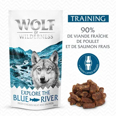 Wolf of Wilderness Explore the Blue River Training, 90 % de viande fraîche de poulet et de saumon frais, + green-lipped mussel, sachet 100 g, morceaux visibles