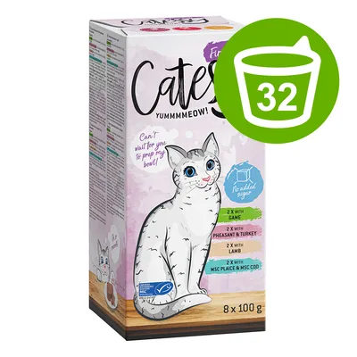 Cates Katzenfutter, 8x100g. Sorten: Wild, Fasan & Truthahn, Lamm, MSC Scholle & MSC Kabeljau. Ohne Zuckerzusatz. Nachhaltigkeitszertifikat MSC. Symbol für 32 Portionen sichtbar.