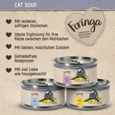 Feringa Cat Soup: Mit leckeren, saftigen Stücken. Ideale Ergänzung für Katzen zwischen Mahlzeiten. Beste natürliche Zutaten, getreidefrei, hausgemacht mit Liebe. Dosen à 70g.