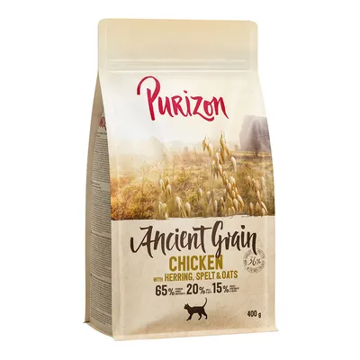 Purizon Ancient Grain Chicken with Herring, Spelt & Oats, 65 % protein sources, 20 % ovoce a zelenina, 15 % prastaré obiloviny, 400 g. Obal krmiva pro kočky.