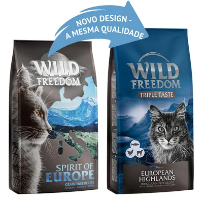 Duas embalagens de ração Wild Freedom para gatos: Spirit of Europe (chicken, salmon, lamb) e European Highlands Triple Taste (salmon, chicken, lamb). Texto: 'Novo design - a mesma qualidade'.