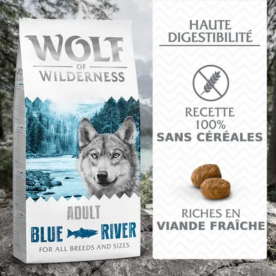 Sac Wolf of Wilderness Adult Blue River, texte visible : haute digestibilité, recette 100 % sans céréales, riches en viande fraîche. Croquettes visibles à droite.