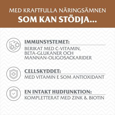 Med kraftfulla näringsämnen som kan stödja immunsystemet, cellskyddet och en intakt hudfunktion. Berikat med C-vitamin, beta-glukaner, vitamin E, zink och biotin.