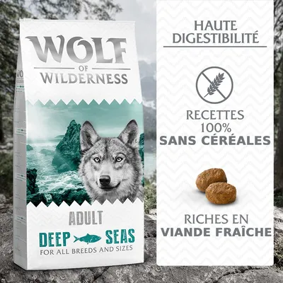 Sac Wolf of Wilderness Deep Seas Adult, haute digestibilité, recettes 100 % sans céréales, riches en viande fraîche. Croquettes visibles à droite. Sac Wolf of Wilderness Deep Seas Adult, haute digestibilité, recettes 100 % sans céréales, riches en viande fraîche. Croquettes visibles à droite.