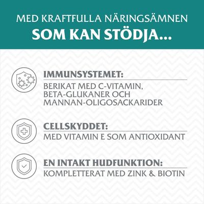 Med kraftfulla näringsämnen som kan stödja immunsystemet, cellskyddet och en intakt hudfunktion. Berikat med C-vitamin, beta-glukaner, vitamin E, zink och biotin.