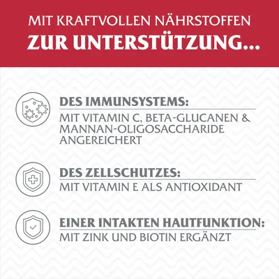 Mit kraftvollen Nährstoffen zur Unterstützung: Immunsystem mit Vitamin C, Beta-Glucanen, Zellschutz mit Vitamin E, Hautfunktion mit Zink und Biotin.