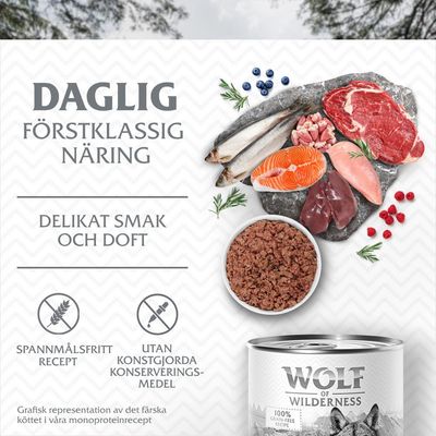 Daglig förstklassig näring, delikat smak och doft. Spannmålsfritt recept, utan konstgjorda konserveringsmedel. Wolf of Wilderness syns på burken.