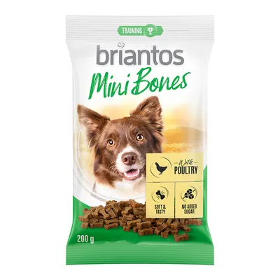 Briantos Mini Bones tréningfalatok baromfival, puhák és ízletesek, hozzáadott cukor nélkül. A csomagoláson kutya és 200 g tartalom látható.