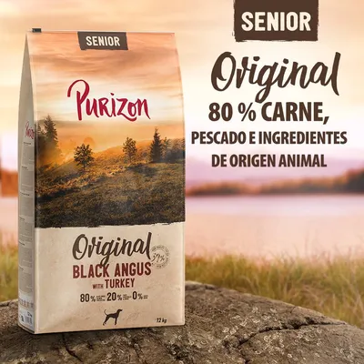 Purizon Senior Original Black Angus with Turkey, 80 % carne, pescado e ingredientes de origen animal. Saco de 12 kg visible en la imagen.
