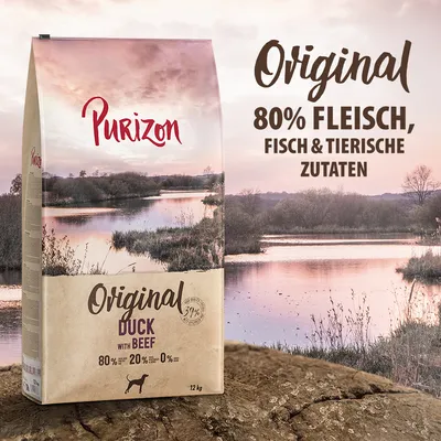 Purizon Original Duck with Beef, 12kg. 80% Fleisch, Fisch & tierische Zutaten, 20% Gemüse, 0% Getreide. Verpackung mit Landschaftsmotiv.