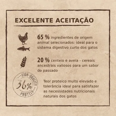 Excelente aceitação. 65 % ingredientes de origem animal selecionados; 20 % centeio e aveia. Teor proteico muito elevado, 36 % proteína. Texto em português.