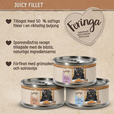Feringa Juicy Fillet kattmat, 70 g burkar. Text: Tillagat med 50 % saftiga filéer i buljong, spannmålsfria recept med naturliga ingredienser, förfinat med grönsaker och solrosolja.