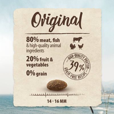 Original recipe with 80% meat, fish and animal ingredients, 20% fruit and vegetables, 0% grain, 39% high-quality protein, grain-free, kibble size 14-16 mm.