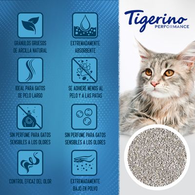 Tigerino Performance. Gránulos gruesos de arcilla natural, extremadamente absorbente, ideal para gatos de pelo largo, sin perfume, control eficaz del olor, bajo en polvo.