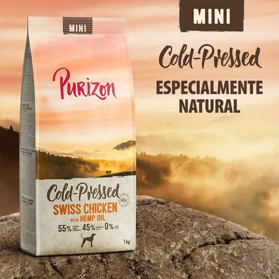 Purizon MINI Cold-Pressed Swiss Chicken with Hemp Oil, 1 kg. 55 % fresh poultry, 45 % vegetales, 0 % cereales. Texto: Especialmente natural.