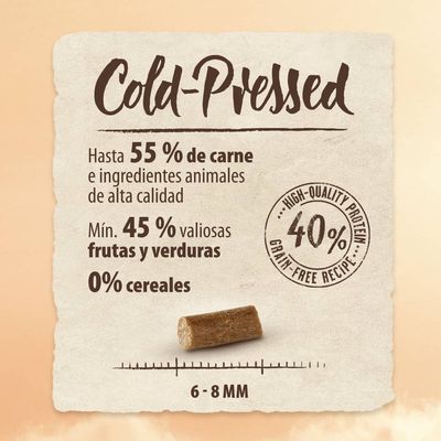 Cold-Pressed. Hasta 55 % de carne e ingredientes animales, mín. 45 % frutas y verduras, 0 % cereales. Sello: High-quality protein 40 %. Tamaño del pellet: 6–8 mm.
